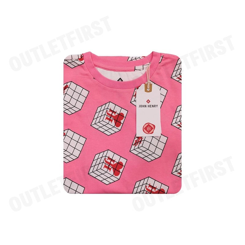 JOHN HENRY รุ่น CUBIC COLLAR BLOCK PATTERN PRINTED T-SHIRT (PINK) CODE: JH S124MTSSM17 เสื้อยืดคอกลม เสื้อยืดผู้ชาย