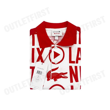 LACOSTE รุ่น  MEN'S LACOSTE X NETFLIX LOOSE FIT ORANGE COTTON PRINT POLO SHIRT CODE:PH7046 10 ME4 เสื้อคอปก เสื้อโปโลชาย
