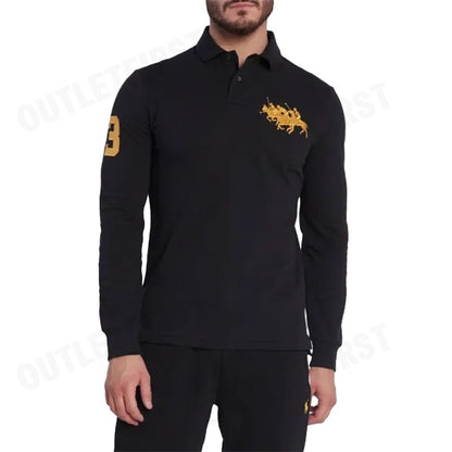 POLO RALPH LAUREN รุ่น  CUSTOM SLIM FIT TRIPLE-PONY POLO SHIRT CODE: 710921624001 เสื้อโปโลแขนยาว เสื้อผู้ชาย เสื้อโปโล
