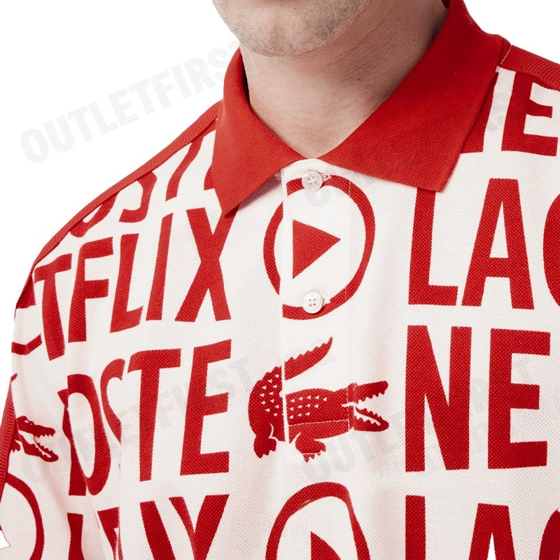 LACOSTE รุ่น  MEN'S LACOSTE X NETFLIX LOOSE FIT ORANGE COTTON PRINT POLO SHIRT CODE:PH7046 10 ME4 เสื้อคอปก เสื้อโปโลชาย