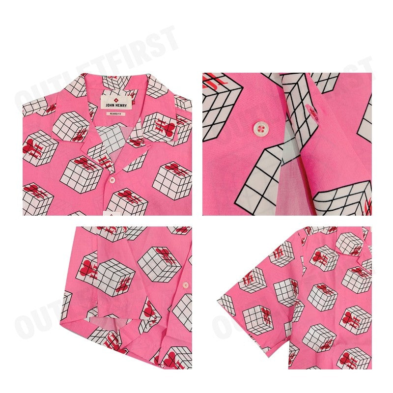 JOHN HENRY รุ่น CUBIC COLLAR BLOCK PATTERN PRINTED SHIRT (PINK) CODE:JH S124MSSRL16 เสื้อเชิ้ตแขนสั้น เสื้อคอปก เสื้อลาย