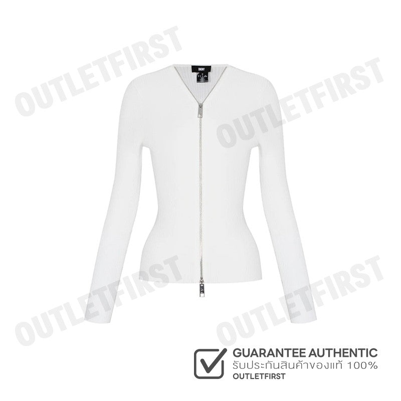 DKNY รุ่น LONG SLEEVE RIBBED ZIP FRONT SWEATER CODE: P4AXAN15 IVY เสื้อคาร์ดิแกน เสื้อคาร์ดิแกนผู้หญิง เสื้อแขนยาว