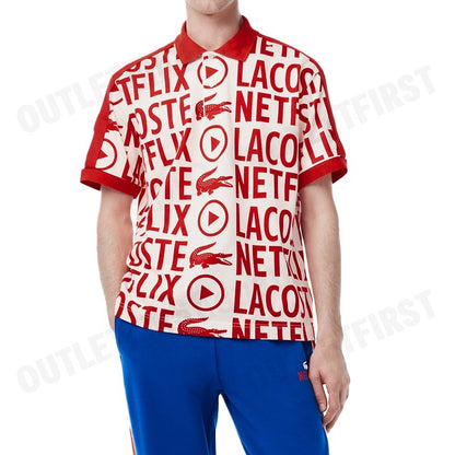 LACOSTE รุ่น  MEN'S LACOSTE X NETFLIX LOOSE FIT ORANGE COTTON PRINT POLO SHIRT CODE:PH7046 10 ME4 เสื้อคอปก เสื้อโปโลชาย