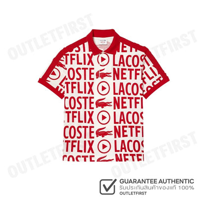 LACOSTE รุ่น  MEN'S LACOSTE X NETFLIX LOOSE FIT ORANGE COTTON PRINT POLO SHIRT CODE:PH7046 10 ME4 เสื้อคอปก เสื้อโปโลชาย