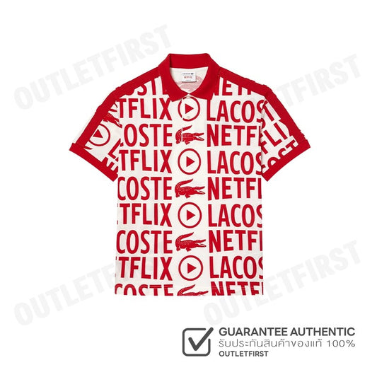 LACOSTE รุ่น  MEN'S LACOSTE X NETFLIX LOOSE FIT ORANGE COTTON PRINT POLO SHIRT CODE:PH7046 10 ME4 เสื้อคอปก เสื้อโปโลชาย