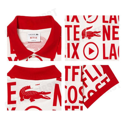 LACOSTE รุ่น  MEN'S LACOSTE X NETFLIX LOOSE FIT ORANGE COTTON PRINT POLO SHIRT CODE:PH7046 10 ME4 เสื้อคอปก เสื้อโปโลชาย