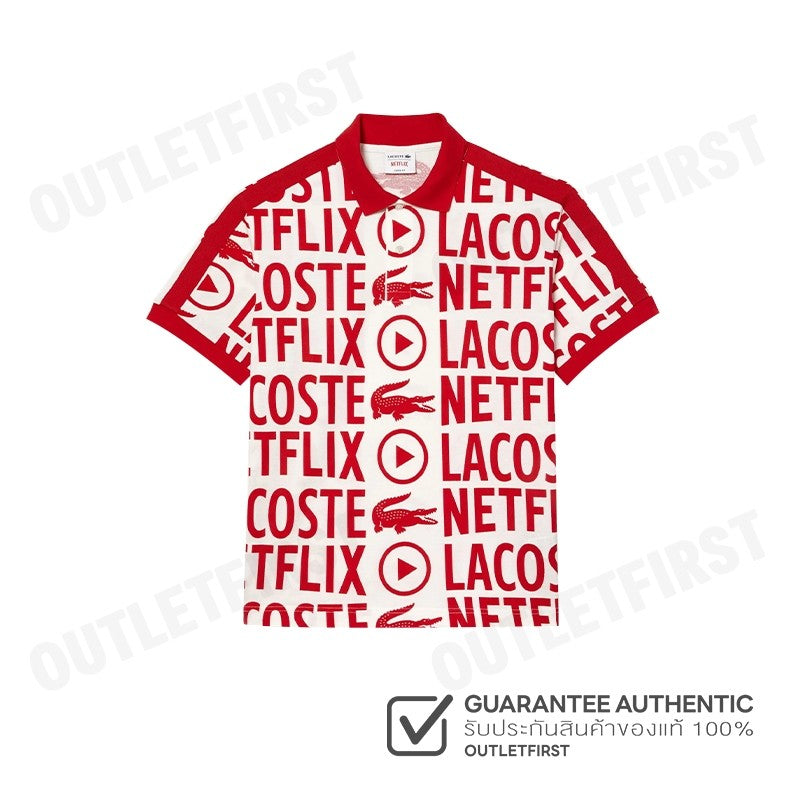 LACOSTE รุ่น  MEN'S LACOSTE X NETFLIX LOOSE FIT ORANGE COTTON PRINT POLO SHIRT CODE:PH7046 10 ME4 เสื้อคอปก เสื้อโปโลชาย