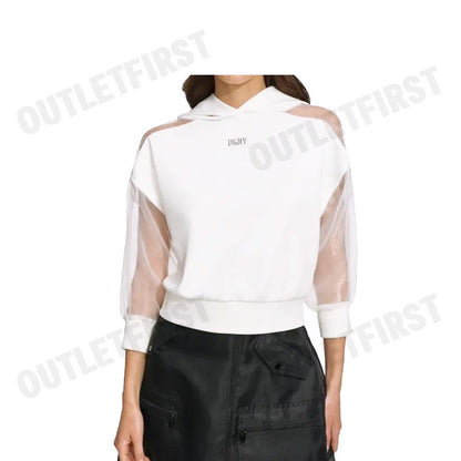 DKNY รุ่น ORGANZA SLEEVE CROP HOODIE CODE: P4BHSWSH IVY เสื้อครอปแขนยาว เสื้อครอปผู้หญิง เสื้อครอปมีฮู้ด