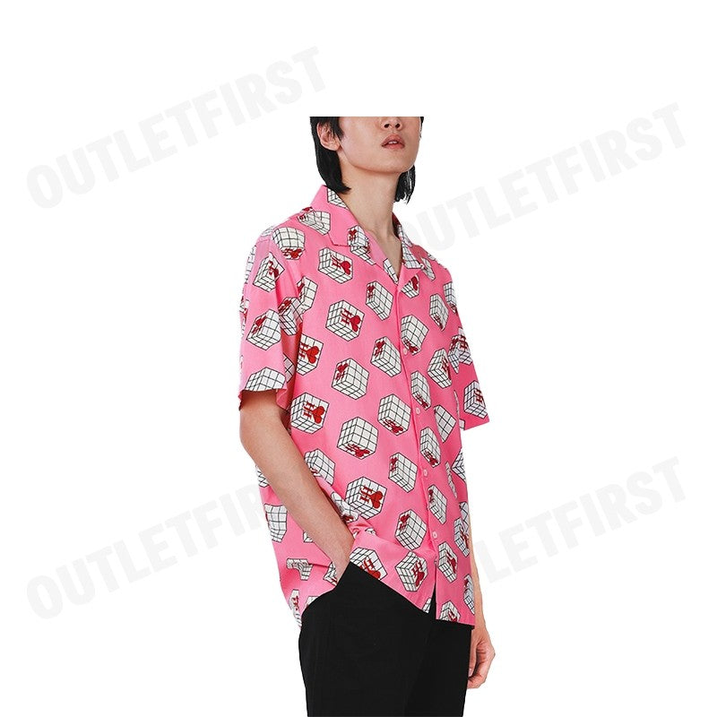 JOHN HENRY รุ่น CUBIC COLLAR BLOCK PATTERN PRINTED SHIRT (PINK) CODE:JH S124MSSRL16 เสื้อเชิ้ตแขนสั้น เสื้อคอปก เสื้อลาย