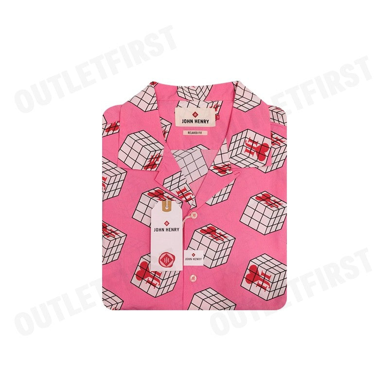 JOHN HENRY รุ่น CUBIC COLLAR BLOCK PATTERN PRINTED SHIRT (PINK) CODE:JH S124MSSRL16 เสื้อเชิ้ตแขนสั้น เสื้อคอปก เสื้อลาย