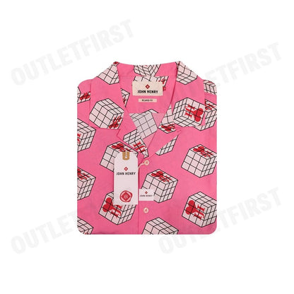 JOHN HENRY รุ่น CUBIC COLLAR BLOCK PATTERN PRINTED SHIRT (PINK) CODE:JH S124MSSRL16 เสื้อเชิ้ตแขนสั้น เสื้อคอปก เสื้อลาย