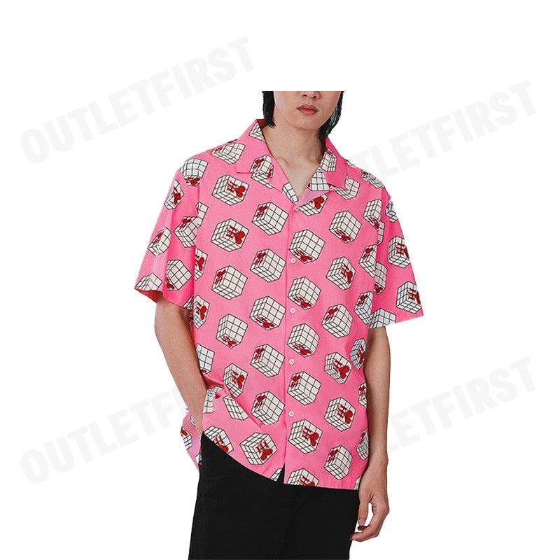 JOHN HENRY รุ่น CUBIC COLLAR BLOCK PATTERN PRINTED SHIRT (PINK) CODE:JH S124MSSRL16 เสื้อเชิ้ตแขนสั้น เสื้อคอปก เสื้อลาย