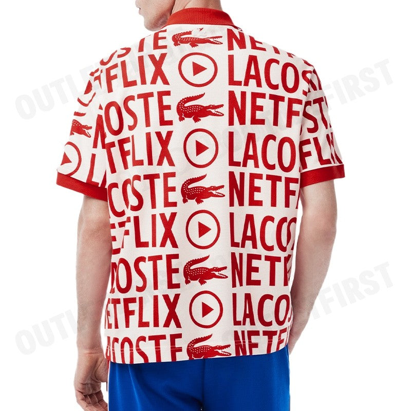 LACOSTE รุ่น  MEN'S LACOSTE X NETFLIX LOOSE FIT ORANGE COTTON PRINT POLO SHIRT CODE:PH7046 10 ME4 เสื้อคอปก เสื้อโปโลชาย