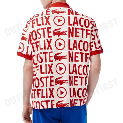 LACOSTE รุ่น  MEN'S LACOSTE X NETFLIX LOOSE FIT ORANGE COTTON PRINT POLO SHIRT CODE:PH7046 10 ME4 เสื้อคอปก เสื้อโปโลชาย