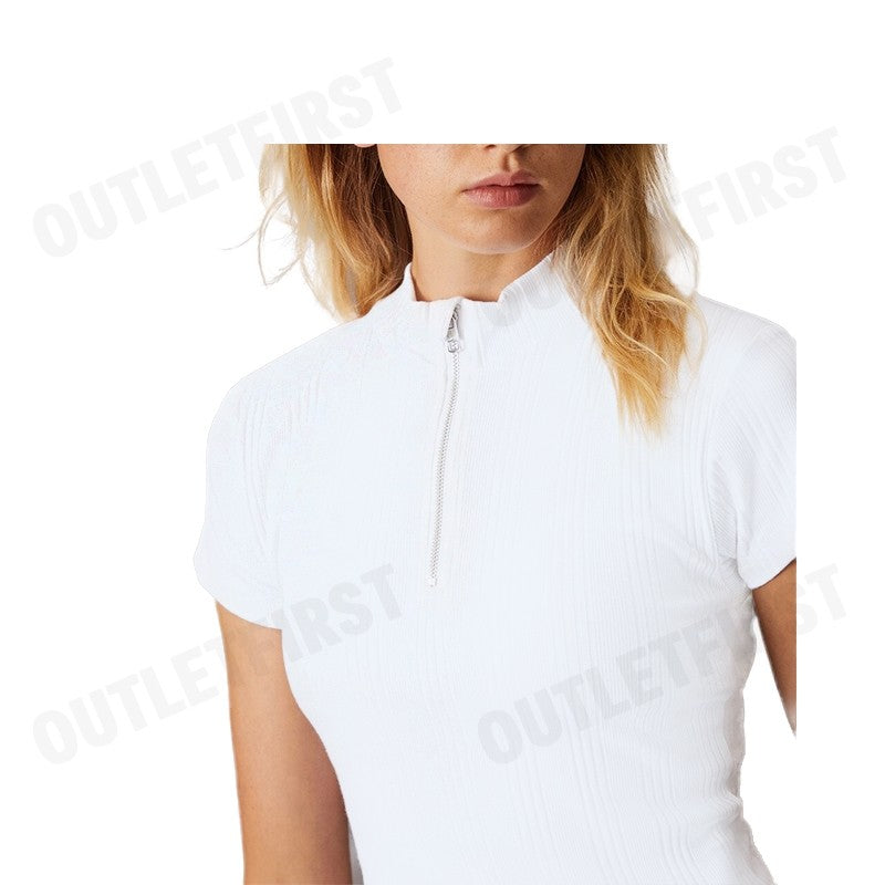 CALVIN KLEIN JEANS รุ่น VARIEGATED RIB KNIT HALF ZIP TOP CODE: J223564 YAF เสื้อยืดแขนสั้น เสื้อสีขาว เสื้อยืดผู้หญิง