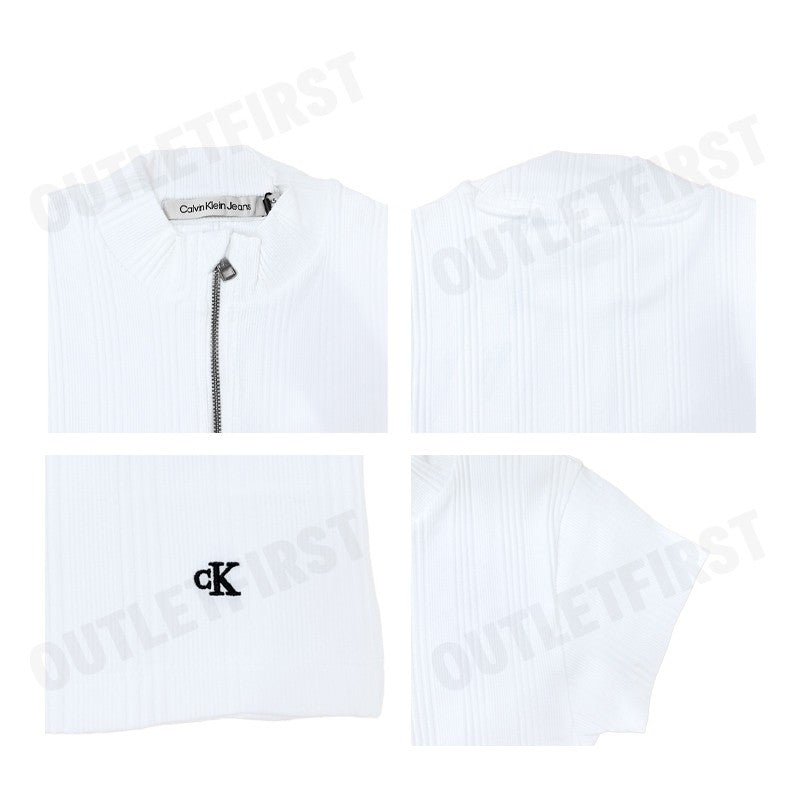 CALVIN KLEIN JEANS รุ่น VARIEGATED RIB KNIT HALF ZIP TOP CODE: J223564 YAF เสื้อยืดแขนสั้น เสื้อสีขาว เสื้อยืดผู้หญิง