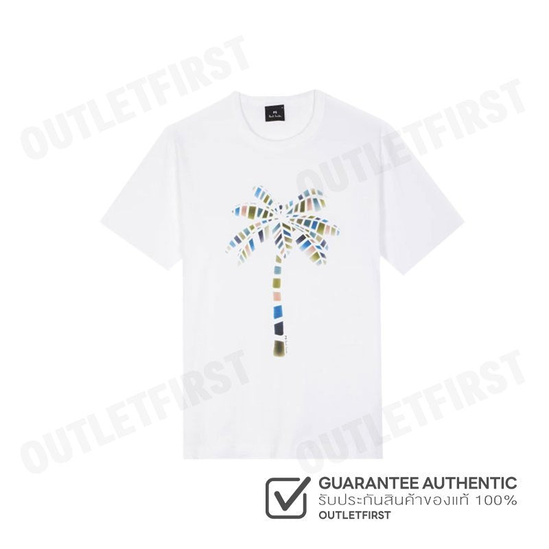 PS PAUL SMITH รุ่น MEN'S PALM TREE GRAPHIC T-SHIRT WHITE CODE: M2R 220X PP5073 01 เสื้อยืดคอกลม เสื้อยืดผู้ชาย เสื้อยืด