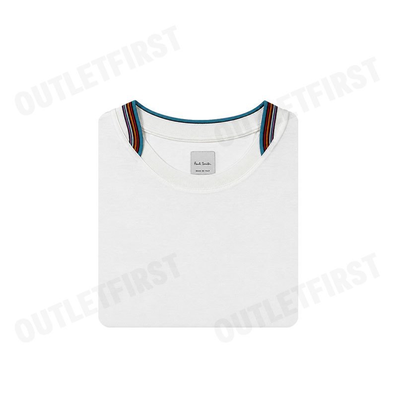 PS PAUL SMITH รุ่น MEN'S MERCERISED COTTON 'SIGNATURE STRIPE' TRIM T-SHIRT CODE: M1R 112Y M00088 01 เสื้อยืดคอกลม สีขาว
