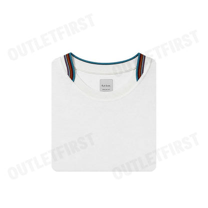 PS PAUL SMITH รุ่น MEN'S MERCERISED COTTON 'SIGNATURE STRIPE' TRIM T-SHIRT CODE: M1R 112Y M00088 01 เสื้อยืดคอกลม สีขาว