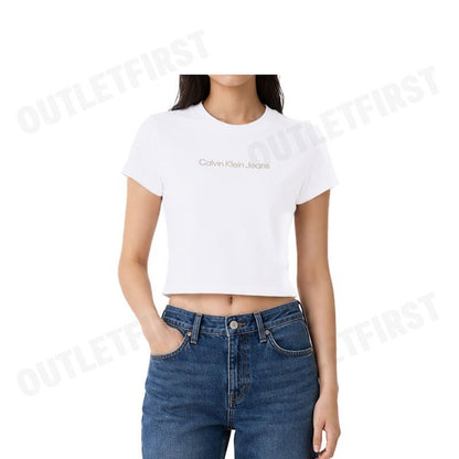 CALVIN KLEIN JEANS รุ่น WOMEN'S LOGO BABY CROP SHORT SLEEVE T-SHIRT CODE: 47AB817 YAA เสื้อครอป เสื้อผู้หญิง เสื้อสีขาว