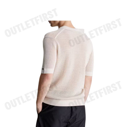 CALVIN KLEIN SWIMWEAR รุ่น OPEN KNIT BEACH POLO SHIRT CODE: KM00963 ACE เสื้อโปโลถัก เสื้อโปโลผู้ชาย เสื้อโปโลแขนสั้น