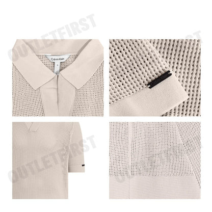 CALVIN KLEIN SWIMWEAR รุ่น OPEN KNIT BEACH POLO SHIRT CODE: KM00963 ACE เสื้อโปโลถัก เสื้อโปโลผู้ชาย เสื้อโปโลแขนสั้น