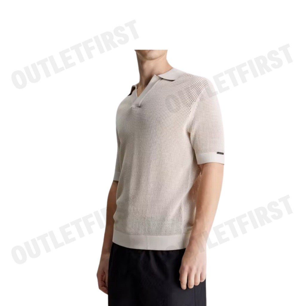 CALVIN KLEIN SWIMWEAR รุ่น OPEN KNIT BEACH POLO SHIRT CODE: KM00963 ACE เสื้อโปโลถัก เสื้อโปโลผู้ชาย เสื้อโปโลแขนสั้น