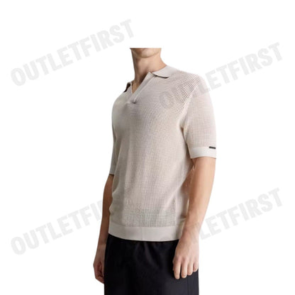 CALVIN KLEIN SWIMWEAR รุ่น OPEN KNIT BEACH POLO SHIRT CODE: KM00963 ACE เสื้อโปโลถัก เสื้อโปโลผู้ชาย เสื้อโปโลแขนสั้น
