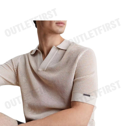 CALVIN KLEIN SWIMWEAR รุ่น OPEN KNIT BEACH POLO SHIRT CODE: KM00963 ACE เสื้อโปโลถัก เสื้อโปโลผู้ชาย เสื้อโปโลแขนสั้น
