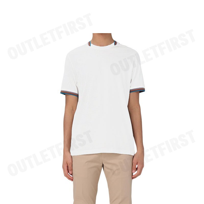 PS PAUL SMITH รุ่น MEN'S MERCERISED COTTON 'SIGNATURE STRIPE' TRIM T-SHIRT CODE: M1R 112Y M00088 01 เสื้อยืดคอกลม สีขาว