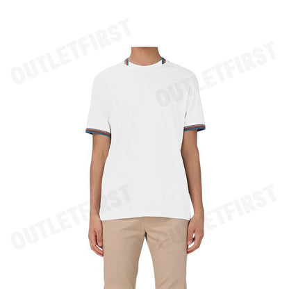 PS PAUL SMITH รุ่น MEN'S MERCERISED COTTON 'SIGNATURE STRIPE' TRIM T-SHIRT CODE: M1R 112Y M00088 01 เสื้อยืดคอกลม สีขาว