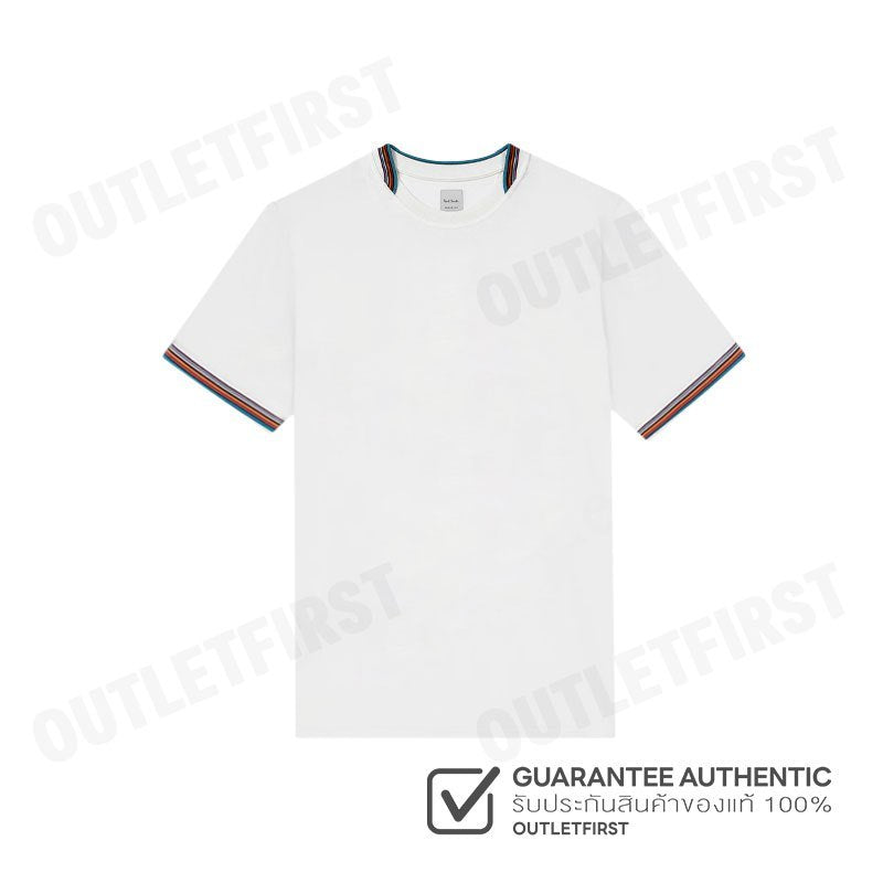 PS PAUL SMITH รุ่น MEN'S MERCERISED COTTON 'SIGNATURE STRIPE' TRIM T-SHIRT CODE: M1R 112Y M00088 01 เสื้อยืดคอกลม สีขาว