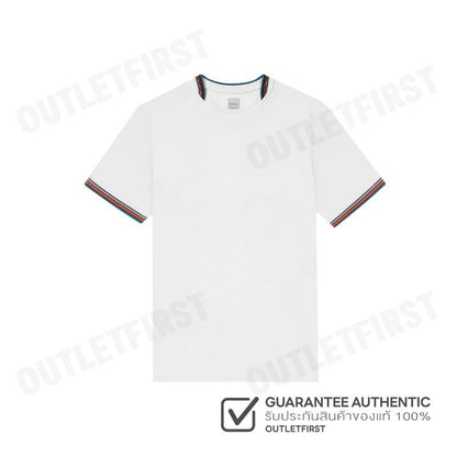 PS PAUL SMITH รุ่น MEN'S MERCERISED COTTON 'SIGNATURE STRIPE' TRIM T-SHIRT CODE: M1R 112Y M00088 01 เสื้อยืดคอกลม สีขาว