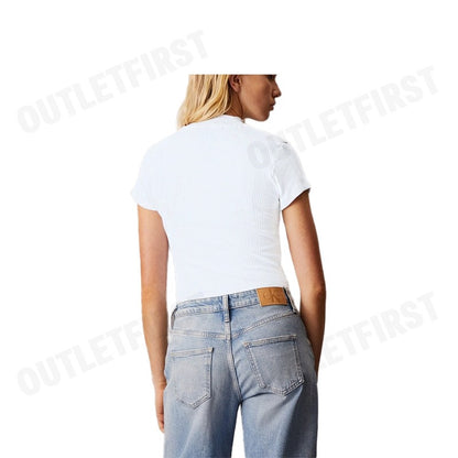 CALVIN KLEIN JEANS รุ่น VARIEGATED RIB KNIT HALF ZIP TOP CODE: J223564 YAF เสื้อยืดแขนสั้น เสื้อสีขาว เสื้อยืดผู้หญิง