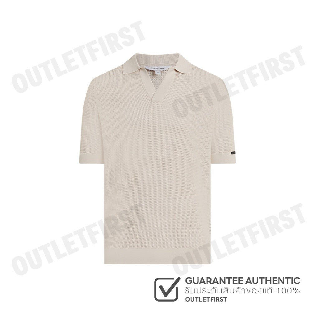 CALVIN KLEIN SWIMWEAR รุ่น OPEN KNIT BEACH POLO SHIRT CODE: KM00963 ACE เสื้อโปโลถัก เสื้อโปโลผู้ชาย เสื้อโปโลแขนสั้น
