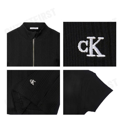 CALVIN KLEIN JEANS รุ่น VARIEGATED RIB KNIT HALF ZIP TOP CODE: J223564 BEH เสื้อยืดแขนสั้น เสื้อไหมพรม เสื้อยืดผู้หญิง