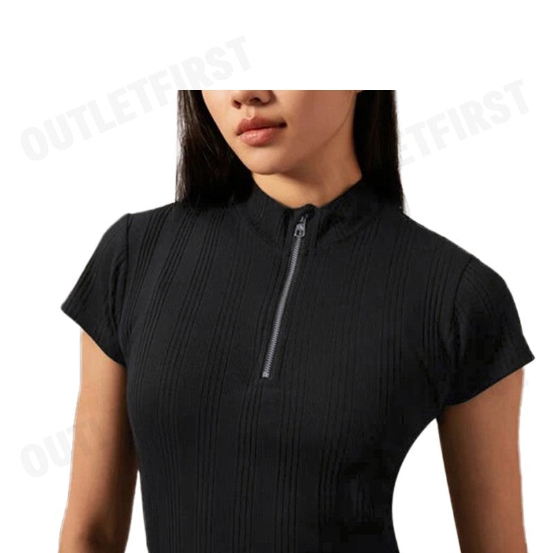 CALVIN KLEIN JEANS รุ่น VARIEGATED RIB KNIT HALF ZIP TOP CODE: J223564 BEH เสื้อยืดแขนสั้น เสื้อไหมพรม เสื้อยืดผู้หญิง