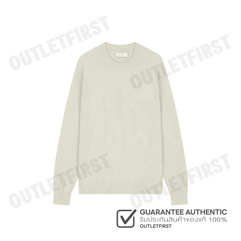 CALVIN KLEIN JEANS รุ่น MEN'S IVORY CK INTARSIA MIXED STITCH SWEATER CODE: J326453 PD7 เสื้อสเวตเตอร์ เสื้อผู้ชาย สีครีม