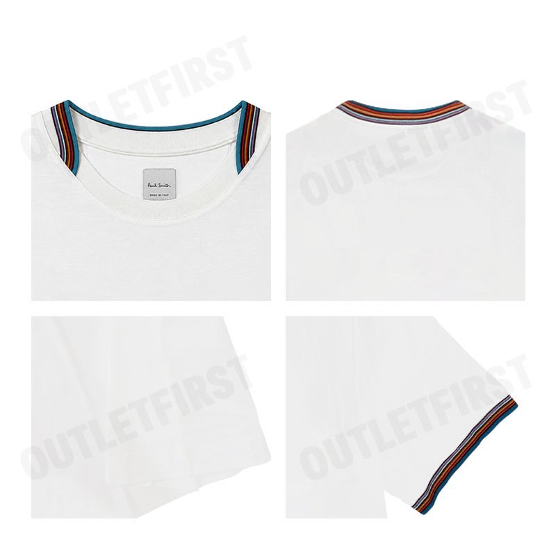 PS PAUL SMITH รุ่น MEN'S MERCERISED COTTON 'SIGNATURE STRIPE' TRIM T-SHIRT CODE: M1R 112Y M00088 01 เสื้อยืดคอกลม สีขาว