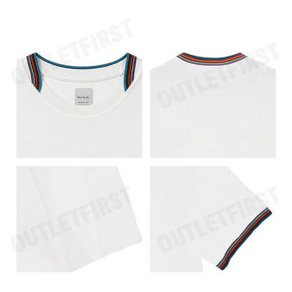 PS PAUL SMITH รุ่น MEN'S MERCERISED COTTON 'SIGNATURE STRIPE' TRIM T-SHIRT CODE: M1R 112Y M00088 01 เสื้อยืดคอกลม สีขาว